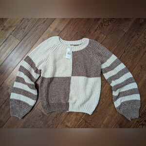 NWT Blu Pepper Chenille Long Sleeve Sweater Suze Small Cream Lt Brown Crew Neck